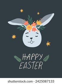 Holiday Easter card with bunny in wreath, lettering, flowers. Cute vector illustration for advent, greeting card, banner, t shirt, print, decoration and more. 