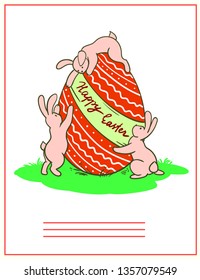 Holiday Easter card. Cute bunnies and easter egg. Vector illustration