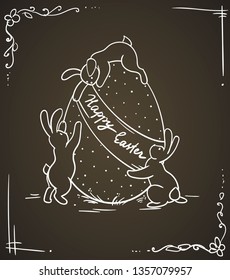 Holiday Easter card. Cute bunnies and easter egg. Vector illustration