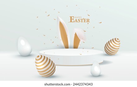 Holiday Easter card with display podium and bunny ears background. Stage with gold and white eggs. Studio backdrop. Modern creative Easter vector illustration.	
