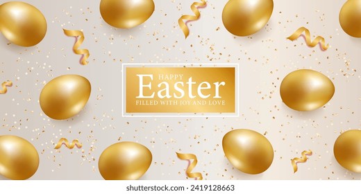 Tarjeta de Pascua de Navidad con huevos de oro realistas. Feliz Pascua. Fondo de Pascua Dorada, afiche, pancarta, diseño de portada.