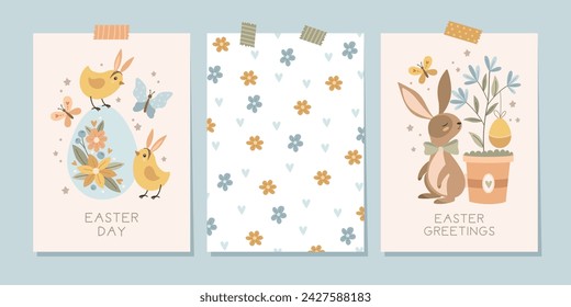 Feiertags-Osterkarten mit niedlichen Hasen, Küken und Blumenhintergrund. Vektorgrafik