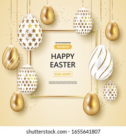 Holiday Easter Day,Gold and white Easter eggs background.