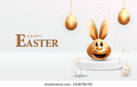 Holiday Easter with display podium background. Stage with gold eggs and funny smile bunny. Studio with white backdrop. Modern creative card vector illustration.	
