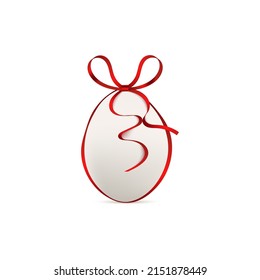 Holiday easter egg template decorated with silky red ribbon. Christian easter holiday egg gift, 3D realistic vector illustration isolated on white background.