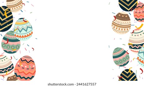 holiday Easter frame banner background template seamless with colorful eggs and confetti. season