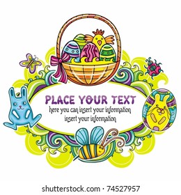 Holiday Easter Frame with white space for your text 4: Traditional basket with colorful painted easter eggs, cute bumblebee, funny, bunny. Floral elements like flowers and plants