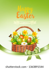 Holiday easter getting card with a colorful eggs and spring flowers in basket. Vector.