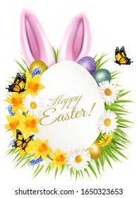 Holiday easter getting card with a colorful eggs and spring flowers in grass. Vector.