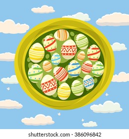 Holiday Easter nest with eggs, on a sky background, banner, vector illustration