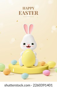 Holiday Easter poster template. Vector illustration with 3d bunny on podium, colorful eggs and golden confetti. Spring Easter background for decoration ad banners, posters, card or websites.