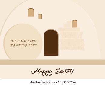 Holiday of Easter, Resurrection of Jesus Christ, Empty Stone Tomb, Garden Tomb in Jerusalem, Israel, quotation from the Bible: He is not here: for he is risen, greeting inscription - Happy Easter