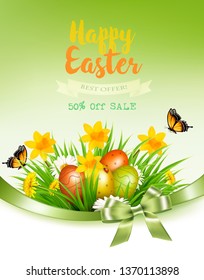 Holiday easter sale background with a colorful eggs and spring flowers in grass. Vector.