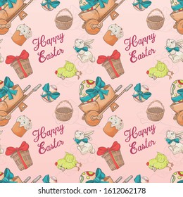 holiday Easter seamless illustration painted eggs wheelbarrow rabbit pattern contour color drawing Doodle style for decoration design background isolated vector EPS 10