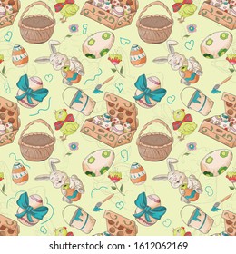 holiday Easter seamless illustration pattern contour color drawing box with eggs rabbits chickens Doodle style for decoration design background isolated vector EPS 10