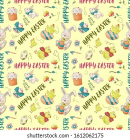 holiday Easter seamless illustration pattern contour color drawing greeting inscription rabbits chickens eggs Doodle style for decoration design background isolated vector EPS 10