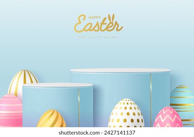 Holiday Easter showcase blue background with 3d podium and colorful easter eggs. Vector illustration