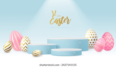 Escaparate de Pascua de Navidad de fondo azul con podio 3d y huevos de Pascua. Ilustración de vector