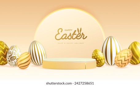 Holiday Easter showcase gold background with 3d podium and easter eggs. Vector illustration