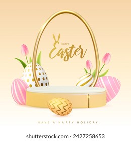 Escaparate de Pascua de Navidad de fondo dorado con podio 3d, huevos de Pascua y tulipanes. Ilustración de vector