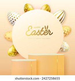 Holiday Easter showcase gold background with 3d podium and easter eggs. Vector illustration
