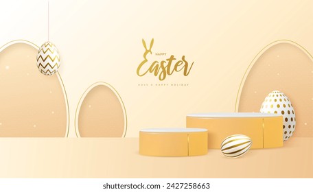 Holiday Easter showcase gold background with 3d podium and easter eggs. Vector illustration