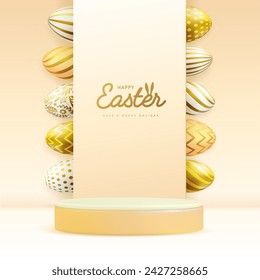 Holiday Easter showcase gold background with 3d podium and colorful easter eggs. Vector illustration