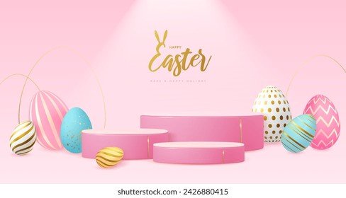 Holiday Easter showcase pink background with 3d podium and colorful easter eggs. Vector illustration