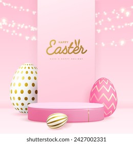 Holiday Easter Showcase rosa Hintergrund mit 3D-Podium, Ostereier und Lichterkette. Vektorgrafik