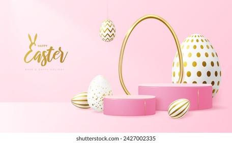 Holiday Easter showcase pink background with 3d podium and  easter eggs. Vector illustration