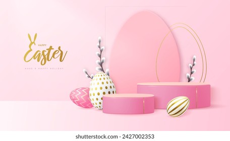 Holiday Easter showcase pink background with 3d podium, easter eggs and willow branch. Vector illustration