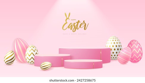 Holiday Easter showcase pink background with 3d podium and easter eggs. Vector illustration