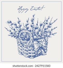 Holiday Easter Wicker basket with branches willows and bow. Holiday composition. Blue engraving sketch on beige background. Hand drawn illustration for greeting card,decoration