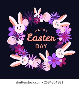 Holiday Easter wreath frame with adorable bunny, eggs, and vibrant flowers .The playful composition for Easter greeting cards, invitations, posters, and holiday themed designs.Vector illustration