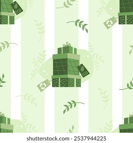 Holiday ecological shopping. Seamless pattern with stack of eco-friendly festive gift boxes with tag on white-green striped background. Vector illustration. Sustainable Fashion and environmental care