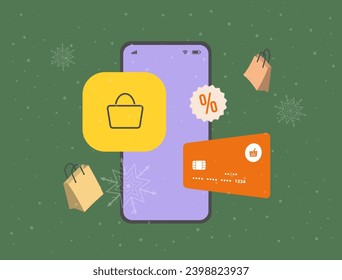 Holiday Ecommerce with shopping bags and colorful christmas gifts. Online xmas holiday trend shopping concept. Holiday E-commerce vector illustration isolated on green background with snowflakes icons