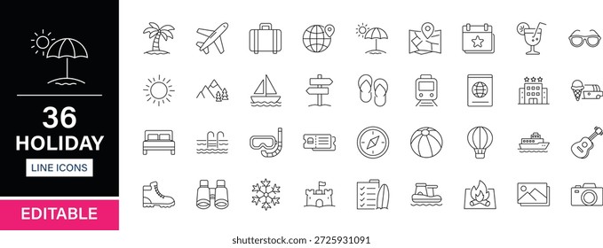 Paquete de iconos de línea editables de Festiva. Viajes, vacaciones, playa, vuelo, equipaje, hotel, pasaporte, mapa, cámara, sol, crucero, camping, aventura, turismo y más iconos.