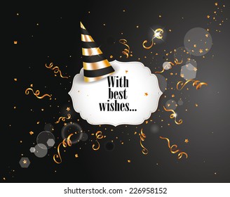 Holiday elegant background with gold confetti and party hat