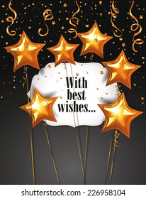 Holiday elegant background with gold star shaped balloons 