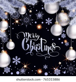 Holiday elegant background with white balls, Christmas tree and snowflakes