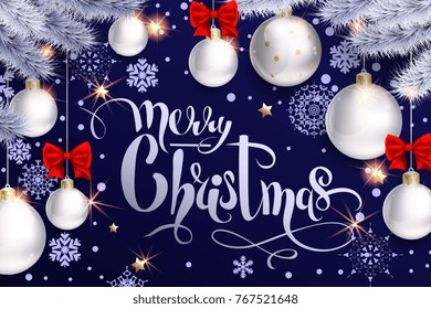 Holiday elegant background with white balls, Christmas tree and snowflakes