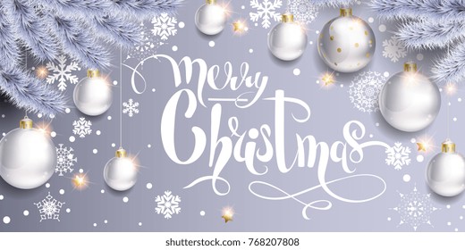 Holiday elegant background with white balls, Christmas tree and snowflakes