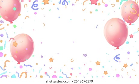 Holiday elegant card with party air balloons happy birthday with confetti. Happiness Birth day backdrop. Greeting background 