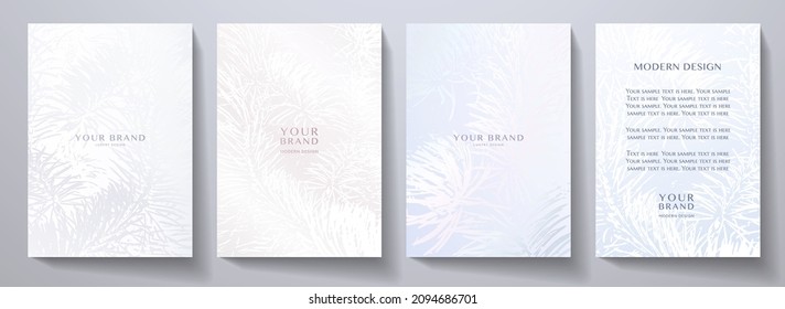 Holiday elegant cover design set. Snowy background with fir (pine) branches in silver, blue color. Winter vector template for menu, brochure, flyer layout, Christmas greeting