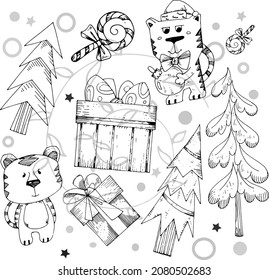 Holiday Element Set. New Year's tiger, symbol of the year 2022, Christmas trees, presents.
