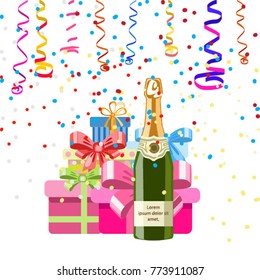 Holiday elements for postcard, poster and congratulations. Boxes with gifts and a bottle of wine. Background with serpentine and sweets for festive illustration. Vector
