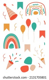 Holiday elements set. Birthday decor. Holiday, balloons, flags. Simple, modern style. Vector graphics, isolated.