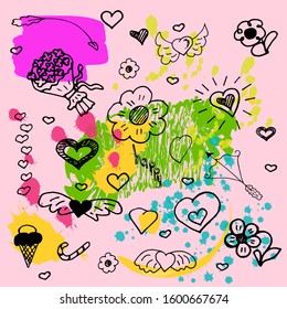 Holiday Elements: Valentine's Day. Black and white pictures on a bright colored background, drops, splashes of color.