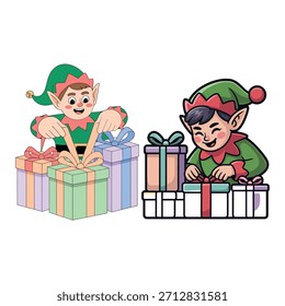 Holiday Elf Characters Packing Present Boxes 