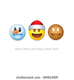 Holiday emoticon set icons, Christmas emoji symbols, isolated on white background, vector illustration.